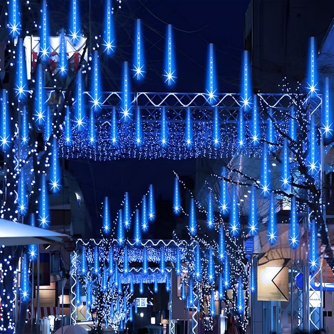 Outdoor Christmas Lights Meteor Shower Light UL Certified 8 Tubes 192 LED Snow Falling Rain Drop Light Dripping Icicle String Lights for Christmas Tree Decorations Xmas Wedding Party, Blue