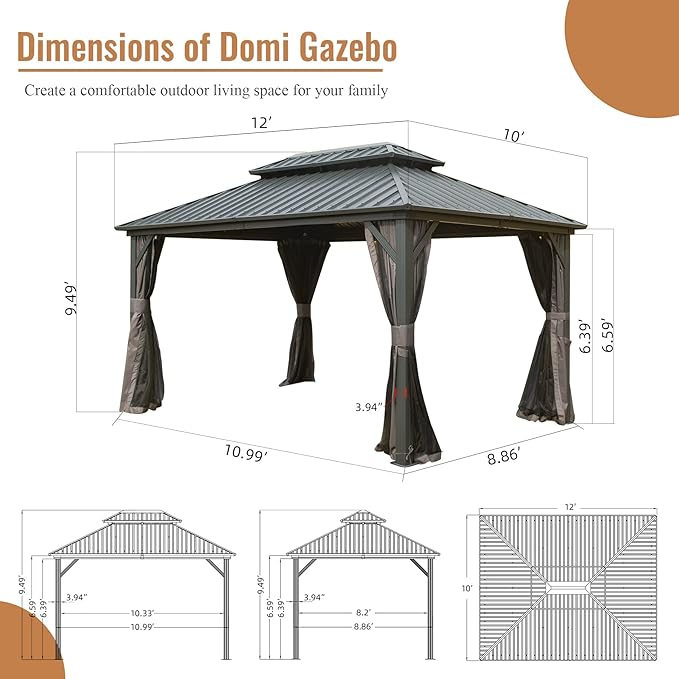 Domi 10' x 12' Hardtop Gazebo Permanent Metal Gazebo with Galvanized Steel Double Roof, Curtains and Netting for Patio, Backyard, Deck, Lawn, Gray