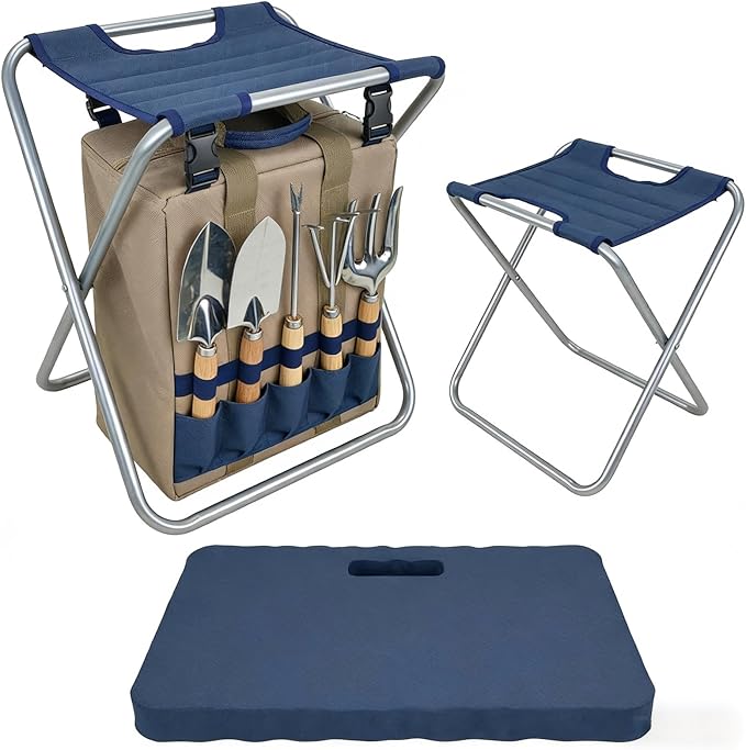 Garden Folding Gardener Stool with Gardening Tools Insulation Garden Bags Plus 5 Garden Tools and Gardening Kneeler Ideal Gift for Mother's Day/Father's Day (Navy Blue)