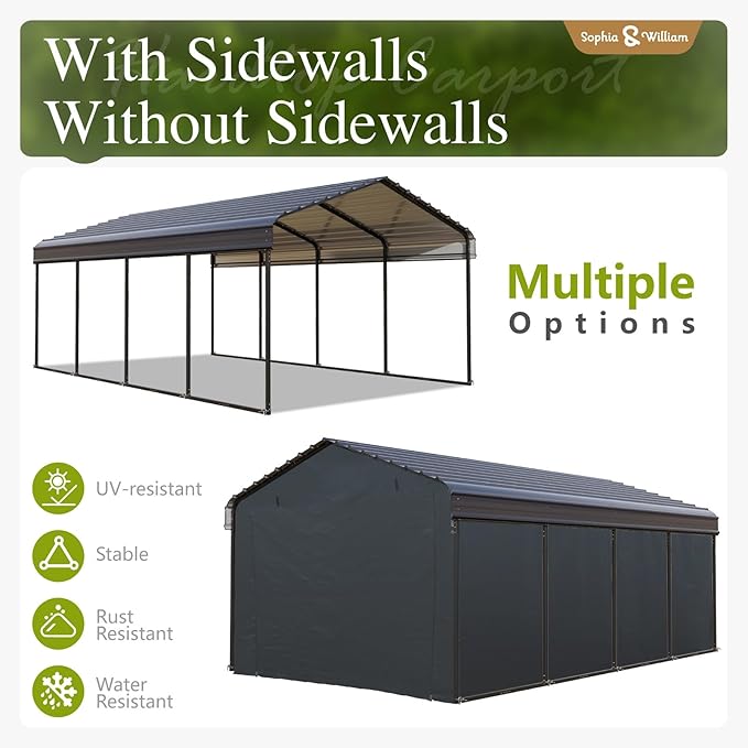 Carport Car Port Metal Canopy 12x20 ft Heavy Duty for Snow, Portable Garage Kit Shed Tent Shelter Metal Frame All Weather Outdoor for Boat with Removable Sidewalls, Dark Grey, Sophia & William