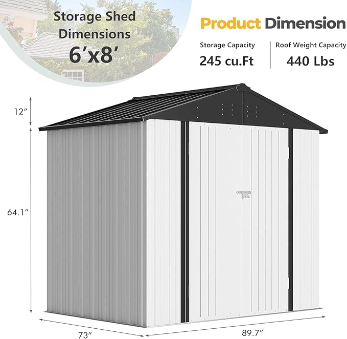 Furniwell 6x8 FT Outdoor Storage Shed, Metal Garden Sheds Outdoor Storage House with Single Lockable Door for Backyard Patio Lawn, White