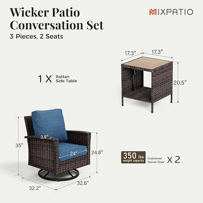 Outdoor Swivel Patio Chairs Set of 2 with Side Table, 3 Piece Wicker Highback Patio Bistro Set with Cushions for Deck Porch, Navy Blue