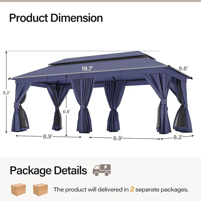 LAUSAINT HOME Semi-Permanent Patio Gazebo 10'x20' with Expansion Bolts, Outdoor Heavy Duty Party Shelter with Double Roofs, Nettings and Privacy Screens for Backyard, Garden, Lawn, Navy Blue