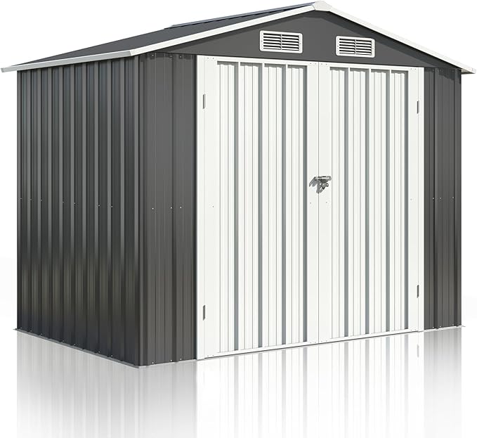 8x6 FT Outdoor Storage Shed, Metal Garden Tool Shed with Updated Frame Structure and Lockable Doors, Ideal for Backyard Garden Patio Lawn, Grey