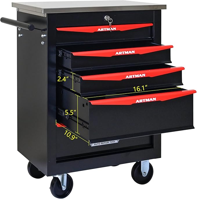 RYH 4/5/6/7 Drawers Rolling Tool Chest -Heavy Duty Mobile Metal Tool Box with Locking Wheels, with Stainless Steel Worktop, Garage Tool Storage Cabinet (Black, 5-Drawers 30.7 H¡¿22.2 W)
