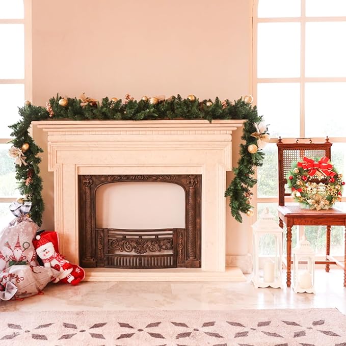 joyhalo Joyhalo 9ft Christmas Garland Decorations with Lights Battery Operated - Outdoor Prelit Christmas Garland for Mantle, Lighted Christmas Garland Indoor for Stairs Railing Fireplace, Gold