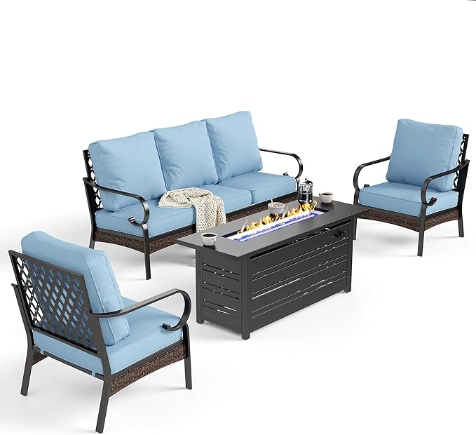 4 Piece Black Metal Outdoor Patio Furniture Sets with Firepit Table, Patio Conversation Sets 1 3-Seater Sofa, 2 Single Sofa with 5.75" Thick Cushion Backyard Furniture for Deck, Blue