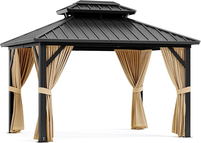 Outdoor Hardtop Gazebo 10x12 FT Heavy Duty Aluminum Gazebo with Double Roof, Metal Frame Patio Canopy with Netting, All-Weather Protection Metal Canopy for Patio, Garden, Poolside (Khaki)