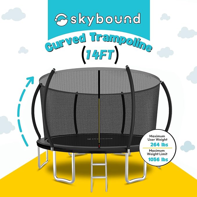 SkyBound Trampoline with Curved Safety Padded Poles - Large Outdoor Backyard ASTM Safety Approved Trampolines for Kids & Adults - Heavy Duty Recreational Outside Trampoline with Safety Net