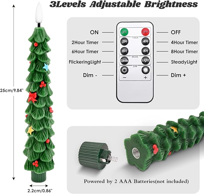 BOSONER Christmas Tree Candles Lights: 2 Pcs Flameless Taper Candle Lights Battery Operated with Remote and Timer - Christmas Decorations for Dining Table & Fireplace