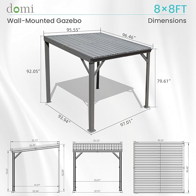 Domi 8' x 8' Lean to Gazebo, Wall Mounted Gazebos Pergola with Built in Drainage System, Galvanized Steel Roof, Hardtop Patio Shelter for Deck, Porch, Backyard and More