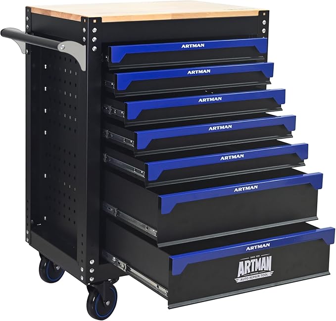 RYH 26.65 W Rolling Tool Cart with Wheels & Wood Top | Mobile Tool Chest Organizer for Garage Storage Cabinet & Toolbox | Heavy-Duty Steel Tool Box (Black-Blue, 7-Drawers 39.17 H¡¿26.65 W -2)