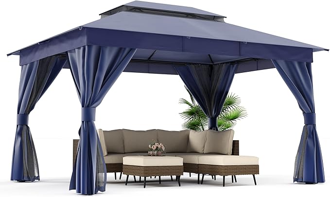 LAUSAINT HOME Semi-permanent Patio Gazebo 10'x13' with Expansion Bolts, Outdoor Heavy Duty Shelter Party Tent with Double Roofs, Mosquito Nets and Privacy Screens for Backyard, Garden, Lawn, Navy Blue