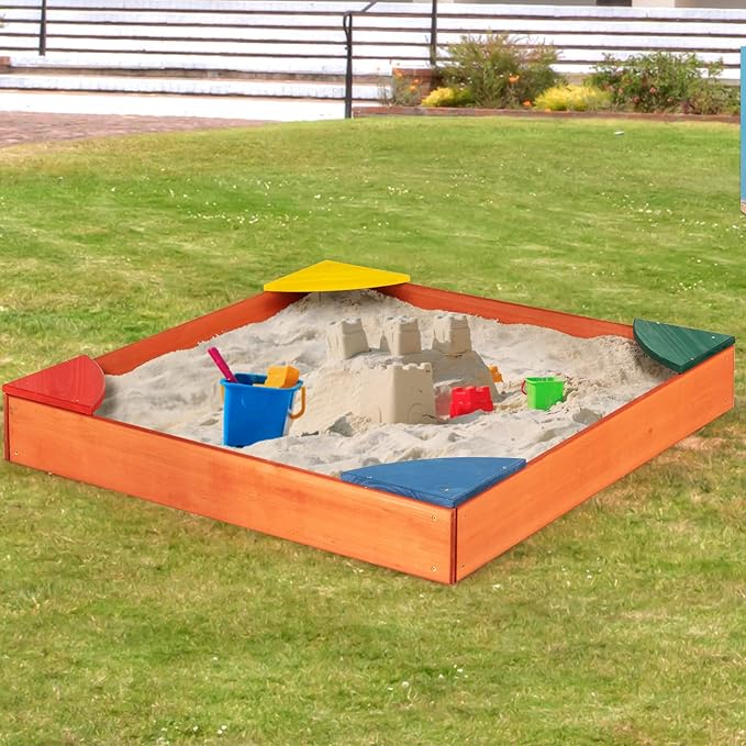 Costzon Kids Wooden Sandbox, Wood Cedar Square Sand Box with 4 Colorful Built-in Corner Seating, Bottomless Structure, Children Outdoor Beach Backyard Play Furniture for Ages 3-8