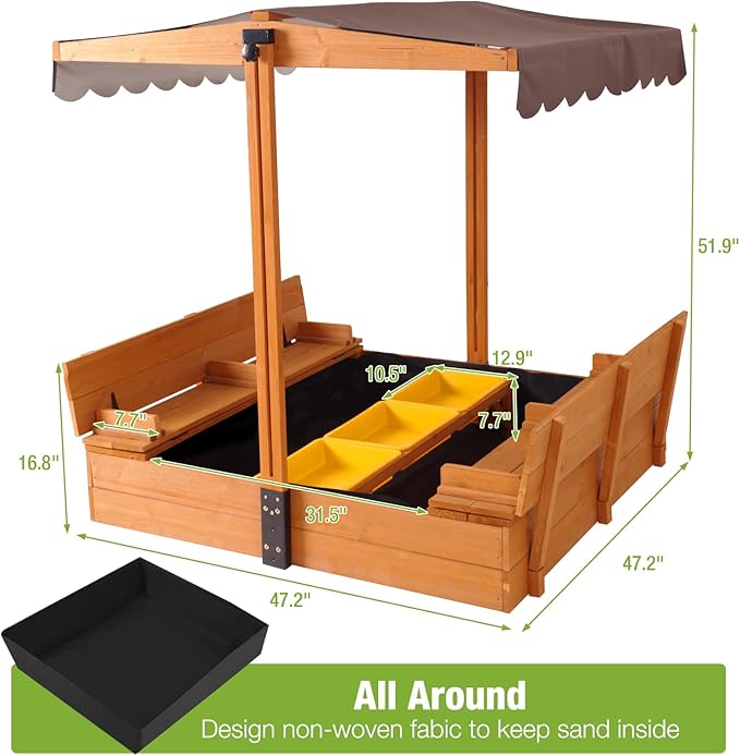 GUTINNEEN Wooden Kids Sandbox with Cover Sandbox with Lid Outdoor Sand Boxes with 3 Toy Bins