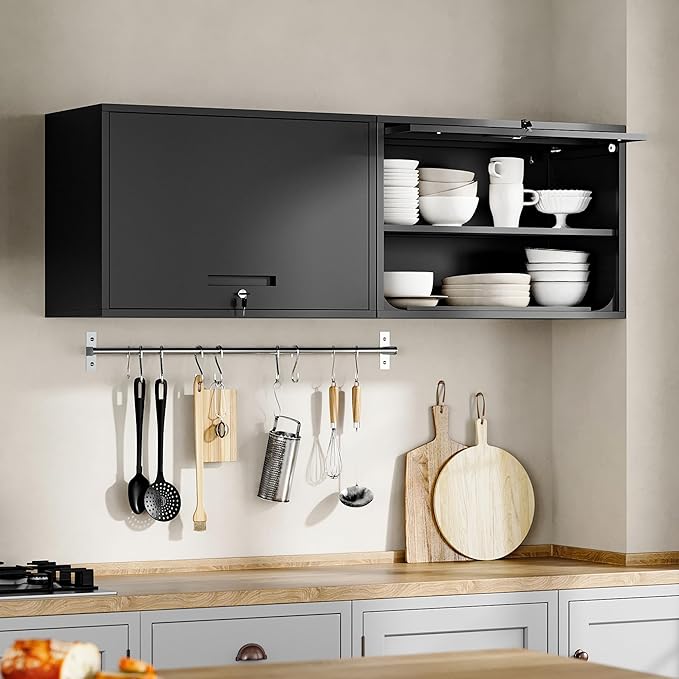 Yizosh Metal Garage Wall Cabinet with Doors and Shelves, Wall Mounted Metal Storage Cabinet, Floating Garage Tool Cabinet for Garage, Basement, Kitchen, Warehouse (Black, 21.6 H)