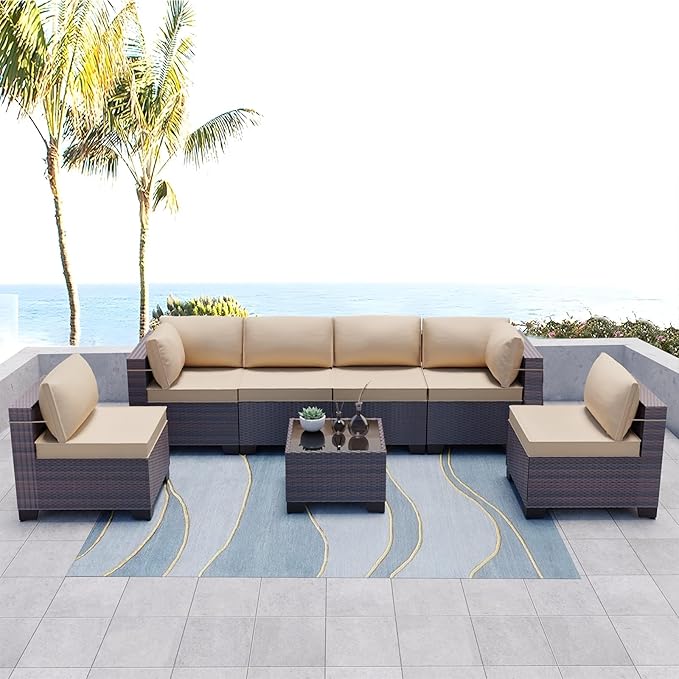 Kullavik 7 Pieces Outdoor Patio Furniture Set,Wicker Outdoor Sectional Sofa,All-Weather Patio Conversation Sets with Washable Thick Cushions & Coffee Table for Garden,Backyard,Balcony,Porch,Sand