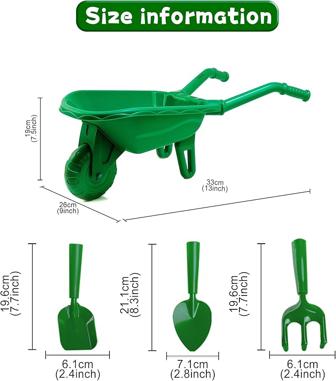 Duckura Kids Wheelbarrow Set - Gardening Tools for Kids with Shovel, Rake, Trowel, Outdoor Yard Lawn Digging Weed Toys, Christmas Birthday Gifts for Boys Girls Age 2 3+Years Old(Green B)