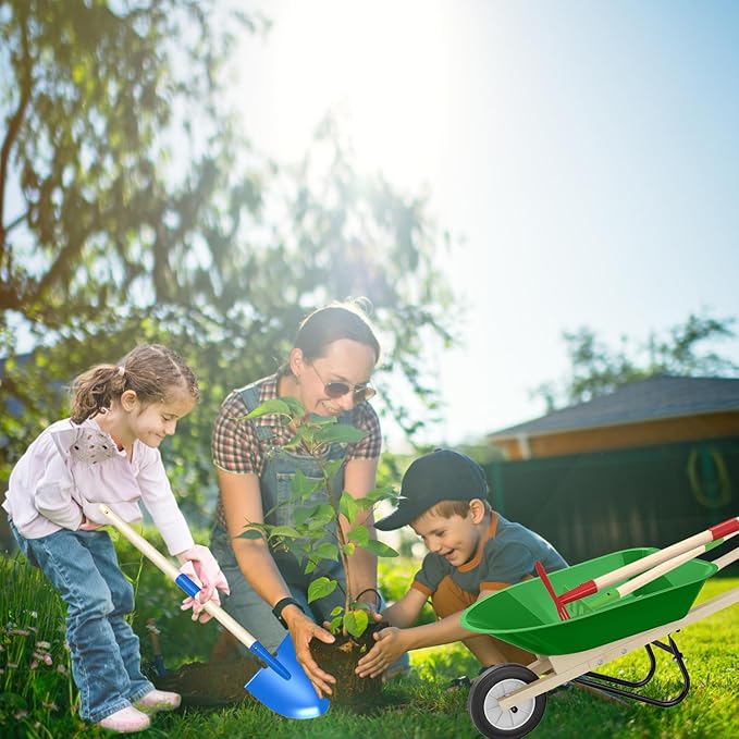 Kids Wheelbarrow Set with Gardening Tools Outdoor Backyard Garden Play for Toddlers Boys Girls 3-8, with Shovel, Rake, Leaf Rake, Easter Birthday Gifts (Green Garden Set)
