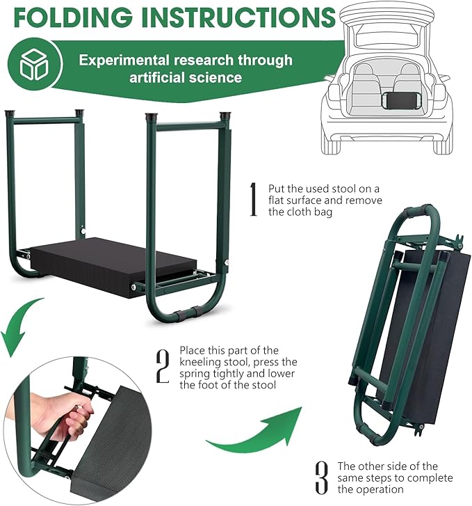 Heavy Duty Garden Kneeler and Seat for Elderly, 400lbs Capacity Foldable Gardening Stool with Support Legs & Thick Pad, Includes Large Tool Organizer Bag, Green