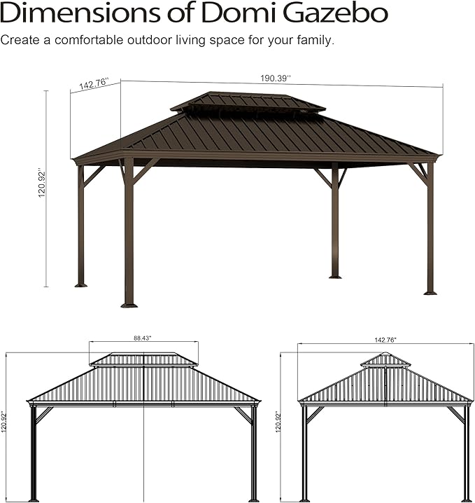 Domi 12x16FT Outdoor Gazebo, Hardtop Gazebo with Galvanized Steel Double Roof, Metal Gazebos with Drainage System Patio Pergola for Patio Deck Backyard,Curtain and Netting,Brown