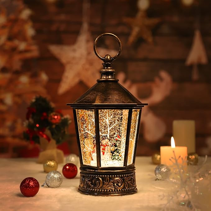Christmas Snow Globe Lantern-Water Lantern with Music and Christmas Snowman-USB or Battery-Powered Christmas Lanterns, Rotating Flashing Lanterns, Christma Decorations(Snowman)