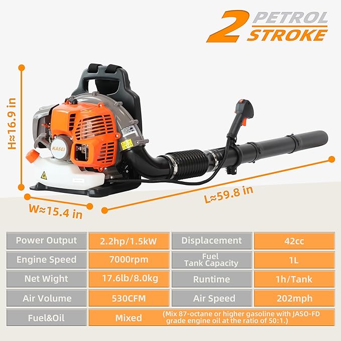 KASEI Backpack Leaf Blower 42 cc 2 HP 2-Cycle Gas Blower Gas Powered Powerful Clearing Performance 17.6 lbs Lightweight Leaf Blower Blowing Fallen Leaves,Snow & Dust