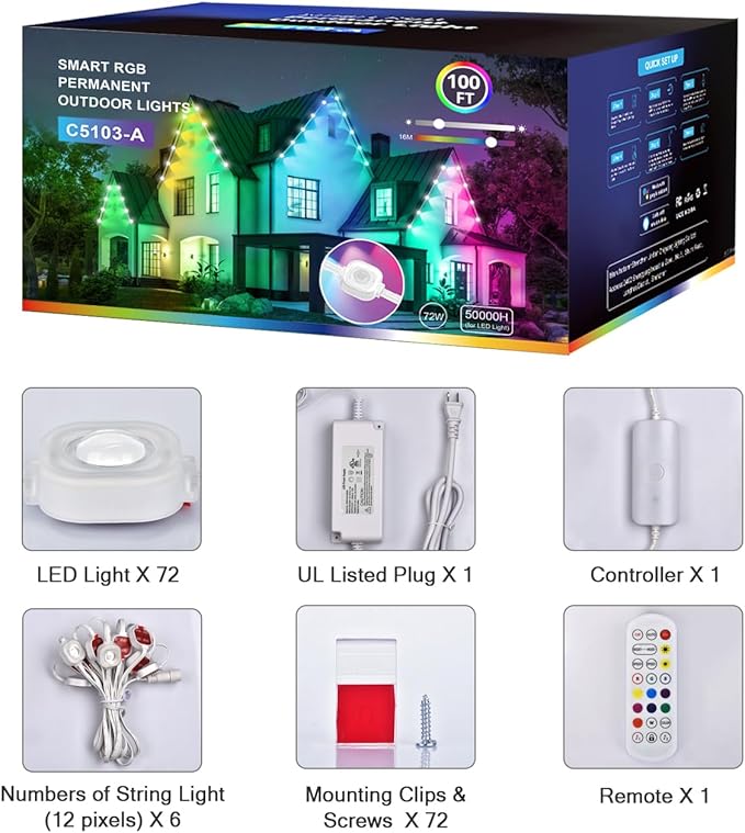 wowlite Permanent Outdoor Lights 100FT, RGBIC Smart Eave Lights with 72 LEDs, IP67 Waterproof, 110+ Scene Modes for House, Daily & Holiday Decorations, Christmas, Works with Alexa & Google