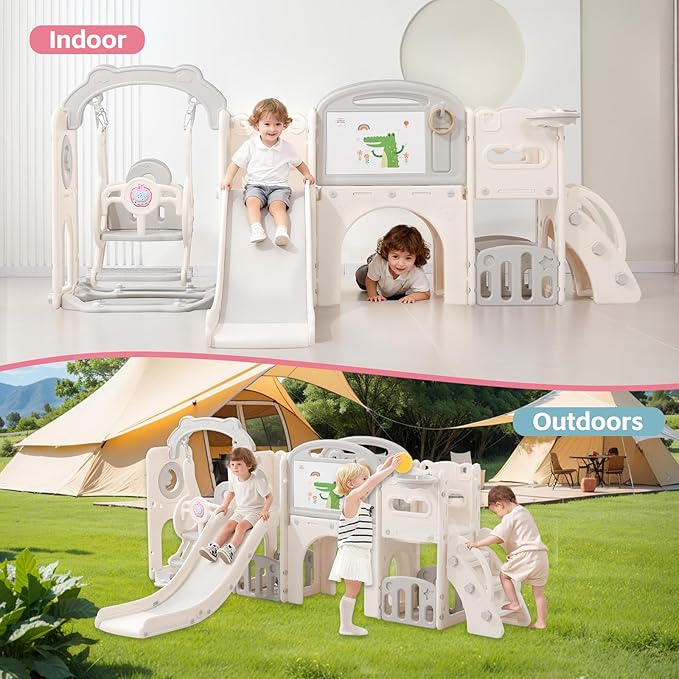 12 in 1 Outdoor Toddler Playsets with for Swing 1-3 Years Toddlers Playground Swing Set Indoor Slide for Kids, Climber Tunnel with Basketball Hoop for Backyard