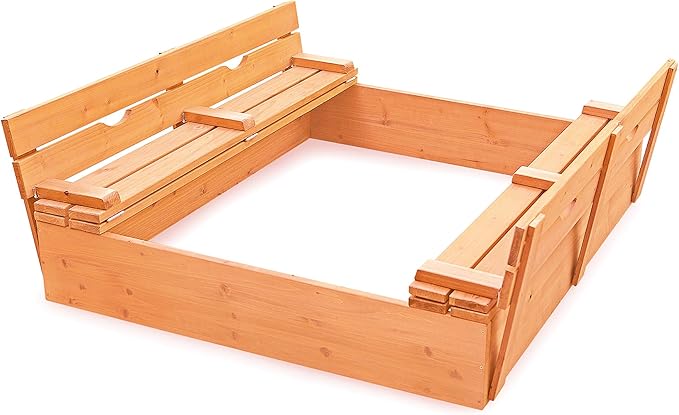 Badger Basket Wooden Sandbox with Lid & Benches - Large Outdoor Sandbox for Kids Made of Cedar - Foldable Cover, Seating & Backyard Playset (46.5 x 46.5 x 9.5)