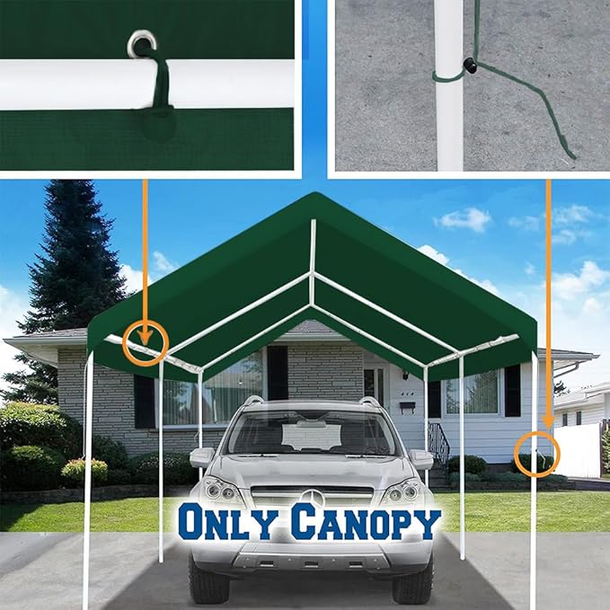 Rutile 12 x 20 FT Carport Replacement Cover, Heavy Duty Car Tarp Canopy Tent Replacement Top w/Ball Bungees Green (Only Top Cover, Frame is not Included)
