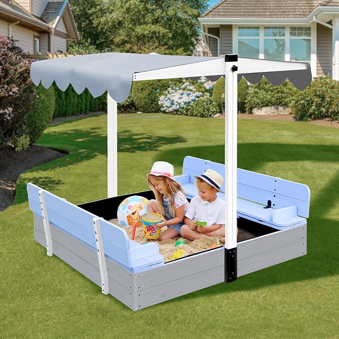 Wooden Kids Sandbox with Lid Sand Box with Canopy Outdoor Sandpit with Cover Adjustable Roof Bottom Liner