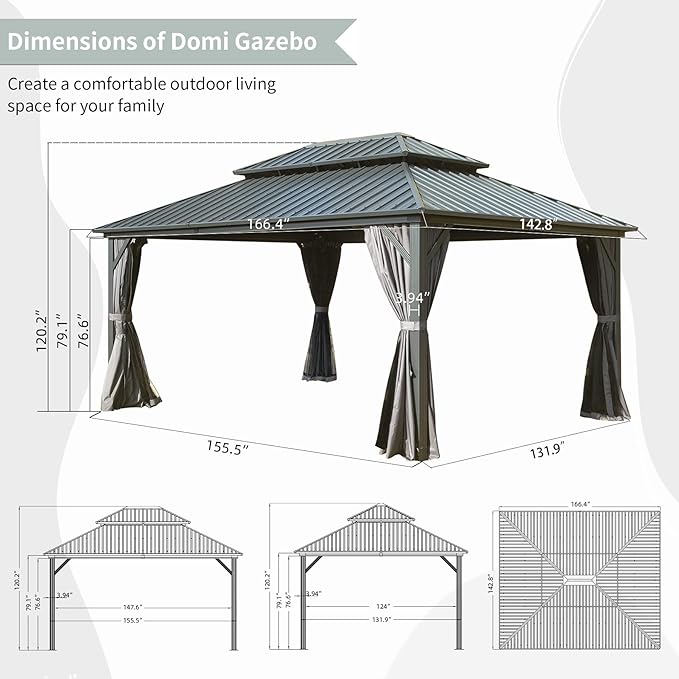 Domi Hardtop Gazebos 12x14FT, Aluminum Metal Gazebo with Galvanized Steel Double Roof Canopy, Curtain and Netting, Permanent Gazebo Pavilion for Patio, Backyard, Deck and Lawn, Grey