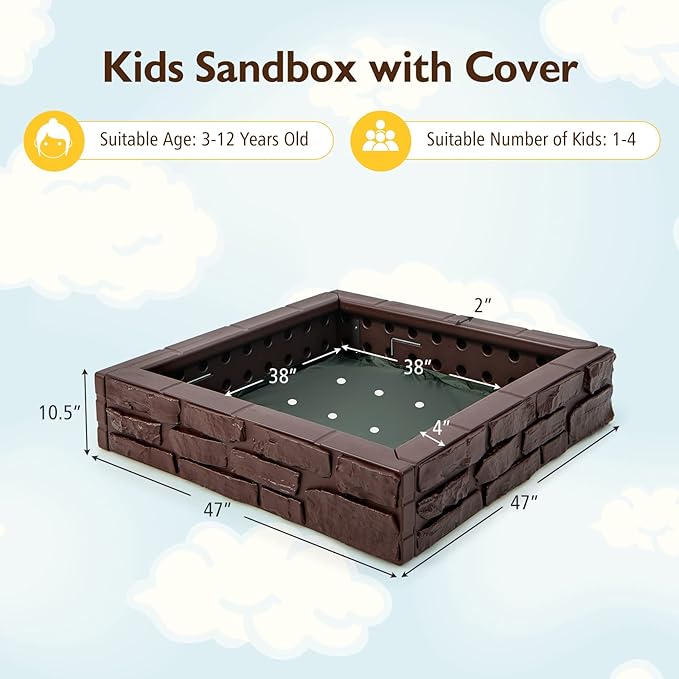 GLACER Sandbox with Cover, 47x 47 HDPE Sand Box w/Oxford Cover, Bottom Drainage Oxford Liner, All Weather Resistant Sand Pit in Backyard Lawn Garden Beach for Kids (Brown)