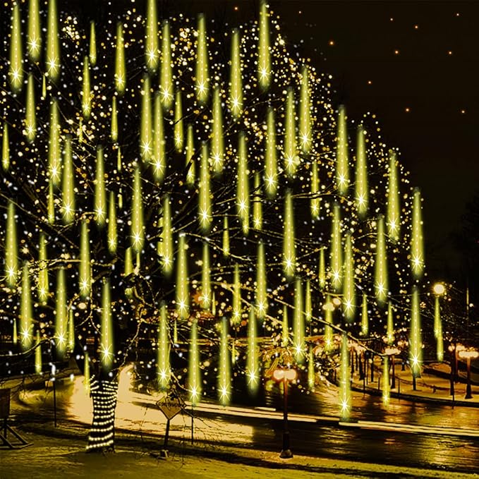 Christmas Lights Outdoor, UL Certified Falling Rain Drop Light 8 Tubes 192 LED Meteor Shower Snow Dripping Icicle Lights for Xmas Tree Christmas Decorations Holiday Party, Warm White