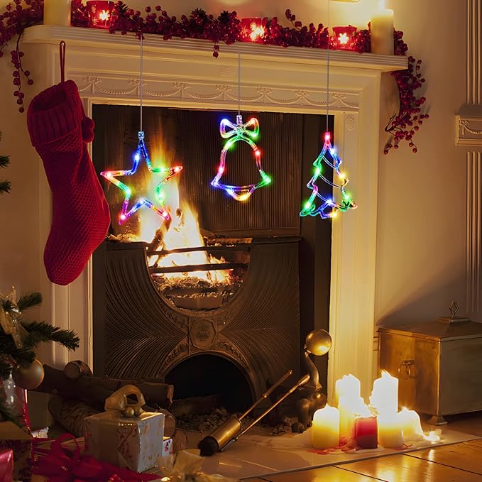 3Pack Christmas Window Lights Decorations with Timer, Battery Powered Multicolor LED Sucker for Xmas Tree Fireplace Indoor Decor