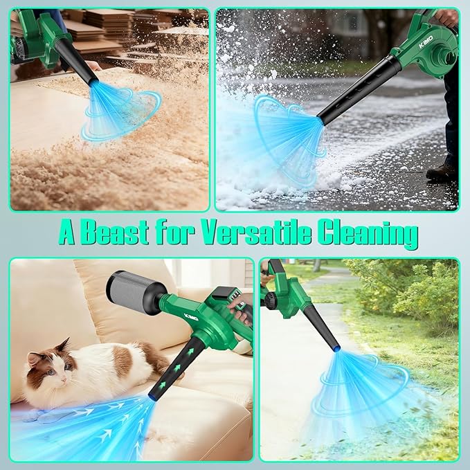 K I M O. Cordless Leaf Blower and Vacuum Combo 4 In 1, 3 Nozzles for Inflation and Deflation, 190MPH/260CFM, Smart Panel w/ 3Modes, 20 Extended Tube, 2Pack Battery Operated Leaf Blowers for Lawn Care