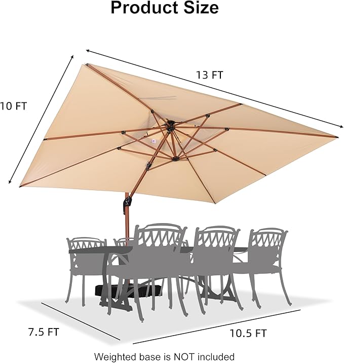 PURPLE LEAF 10' X 13' Double Top Deluxe Wood Pattern Rectangle Patio Umbrella Offset Hanging Umbrella Outdoor Market Umbrella Garden Umbrella, Beige
