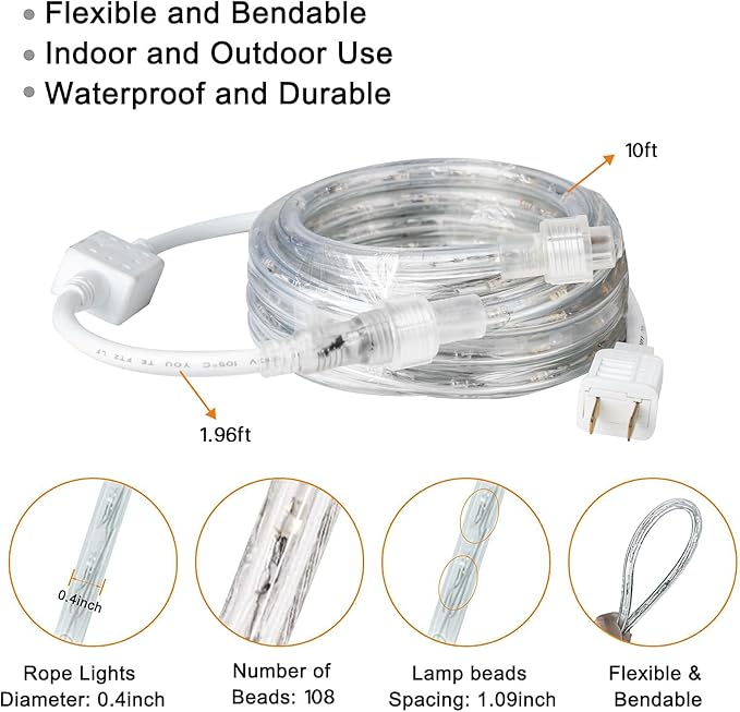 SURNIE Rope Lights Outdoor Waterproof Daylight White: LED 10FT Cuttable Outside Bright 110V Lighting 6000K Flexible Cool Clear Tube, Indoor Deck Patio Xmas Camping Decor, Not Flat Strip