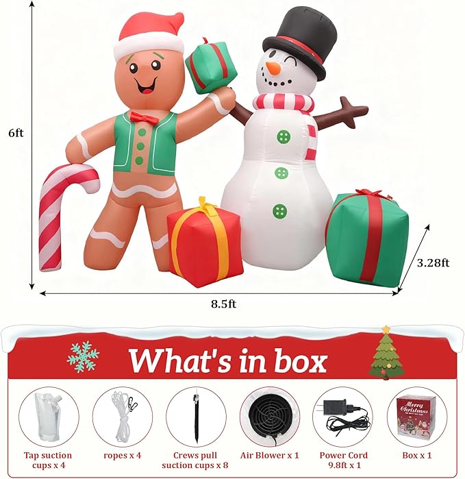 6FT Christmas Inflatable Decoration, Built-in LED Lighting Gingerbread Man Snowman Gift Box, Suitable for Inflatable Decoration in Outdoor Courtyards, Indoor Gardens and Lawns