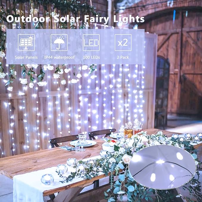 JMEXSUSS 2 Pack Solar String Lights Outdoor Waterproof, Each 33FT 100 LED Solar Christmas Lights Outdoor, 8 Modes White Fairy Light for Outside Yard Tree Patio Garden Wedding Christmas Decorations