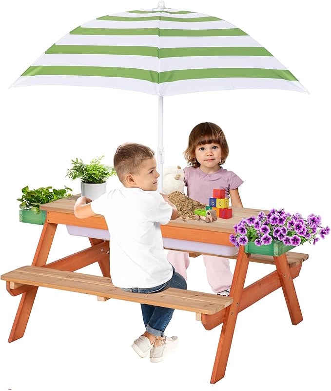 Kids Picnic Table, Outdoor Wooden Table w/Adjustable Umbrella & Garden Bed, 4-in-1 Sand & Water Activity Table w/Built-in Bench & Removable Boxes, Patio, Backyard