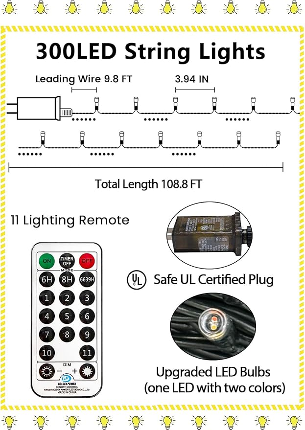 300 LED 99 FT Color Changing Christmas Lights with Remote and Timer, Fairy String Lights with 11 Lighting Modes & Memory Function Waterproof for Xmas Tree Holiday Party Decor(Warm White & Multicolor)