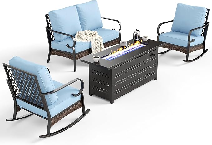 4 Piece Metal Outdoor Patio Furniture Sets with Firepit Table, Patio Conversation Sets 1 2-Seater Sofa, 2 Rocking Sofa with 5.75" Cushion Black Backyard Furniture for Deck, Blue