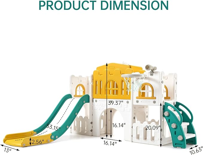 8-in-1 Toddler Slide and Climber Playset for Kids Ages 1-3, Indoor/Outdoor Playground with Basketball Hoop, Tunnel, Telescope, Steering Wheel & Storage, Orange-Green, American Standard