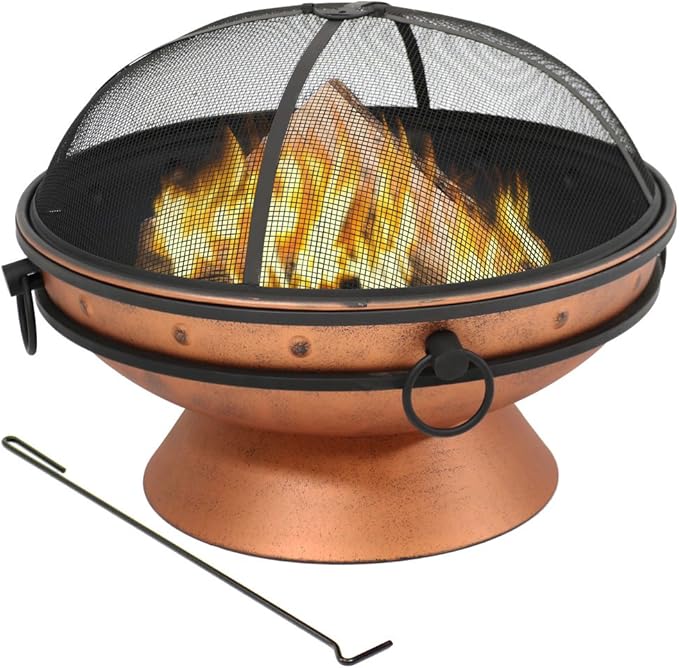 Sunnydaze 30-Inch Large Outdoor Fire Pit - Wood Burning Fire Pit for Outside with Poker and Screen - Copper Finish - Royal Cauldron