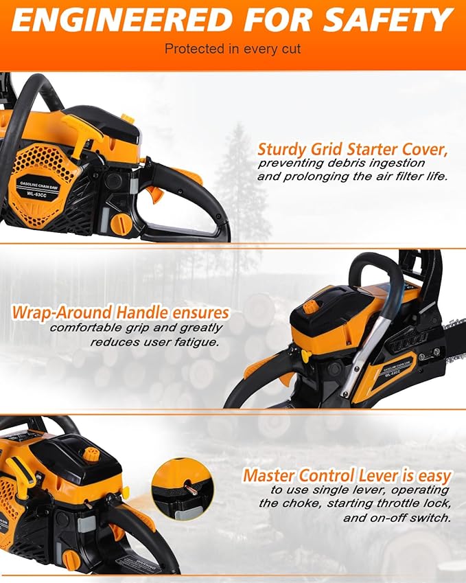 63CC Gas Powered Chainsaw 20 Inch, 2-Cycle Engine with 2 Chains & Bars, Heavy Duty Gas Chain Saw for Tree Felling, Logging, and Firewood Cutting (WTH994)