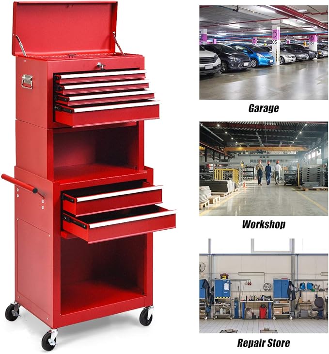 S AFSTAR 6-Drawer Rolling Tool Chest, High Capacity Tool Storage Cabinet with Wheels and Locking System, Removable Toolbox Organizer with Sliding Drawers (Red)