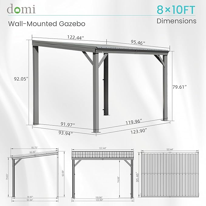 Domi 8' x 10' Lean to Gazebo, Wall Mounted Gazebos Pergola with Built in Drainage System, Galvanized Steel Roof, Hardtop Patio Shelter for Deck, Porch, Backyard and More
