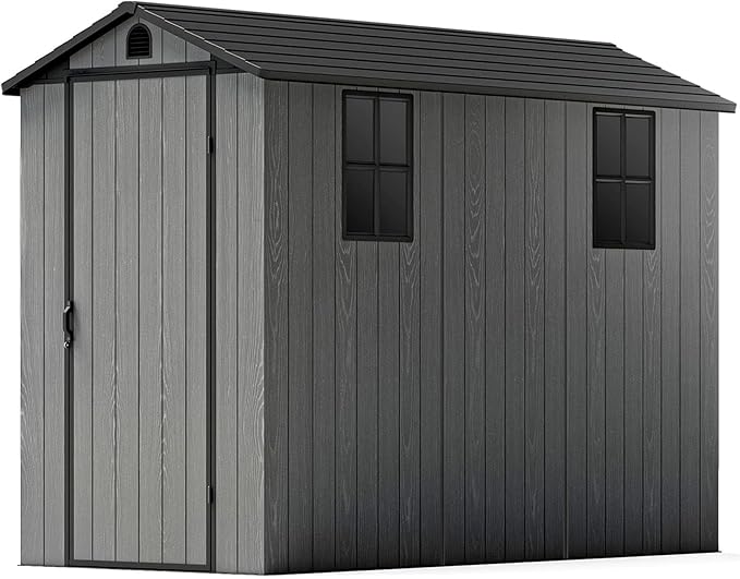 Patiowell 4 x 8 FT Plastic Outdoor Storage Shed with Floor, Garden Tool Shed with Two Windows and Single Lockable Door for Garden, Backyard, Lawn, Easy to Install (Deep Grey) (Fit-it Shed)